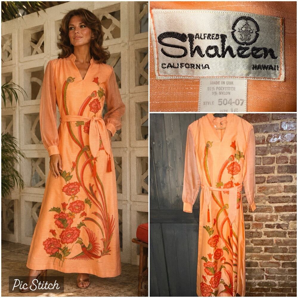 Vintage Alfred Shaheen (signed) Floral Bird Maxi Dress, 1970s Coral Gown 10/12